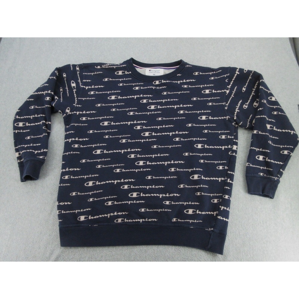 Champion Mens Sweatshirt Regular Navy All Over Script Logo Print 1XL